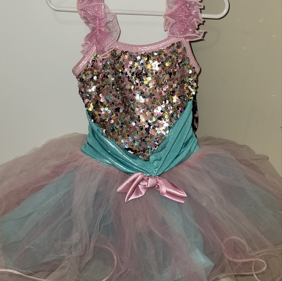 Wish Glittering Pink and Teal Kids Dance Costume - Picture 1 of 2